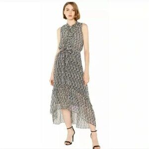 Misa Audra Printed Black Midi Dress with Ruffle Detail and Asymmetric Hem  Small